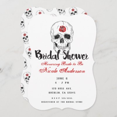 Skeleton Skull Bones Black Red Rose Bridal Shower Invitation