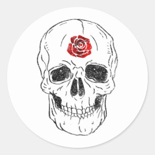 Skeleton Skull Bones Black & Red Rose Glitter Glam Classic Round Sticker