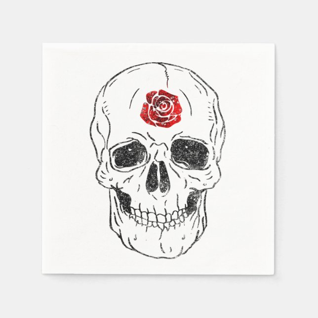 Skeleton Skull Bones Black & Red Rose Glitter Glam Napkins (Front)