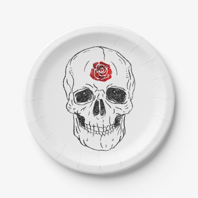 Skeleton Skull Bones Black & Red Rose Glitter Glam Paper Plates (Front)