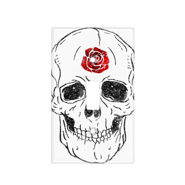 Skeleton Skull Bones Black & Red Rose Glitter Light Switch Cover (Front)