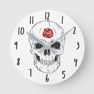 Skeleton Skull Bones Black & Red Rose Glitter Round Clock