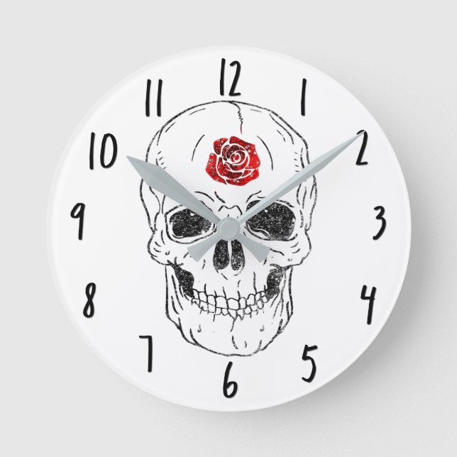 Skeleton Skull Bones Black & Red Rose Glitter Round Clock (Front)