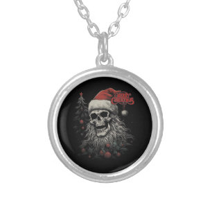 Skeleton Skull Funny Merry Christmas Santa Matchin Silver Plated Necklace