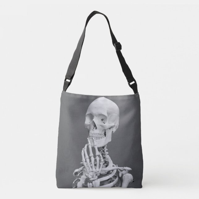 Skeleton Skull Halloween Black and White Gray Crossbody Bag (Back)