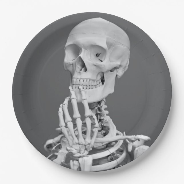 Skeleton Skull Halloween Black and White Gray Paper Plates (Front)