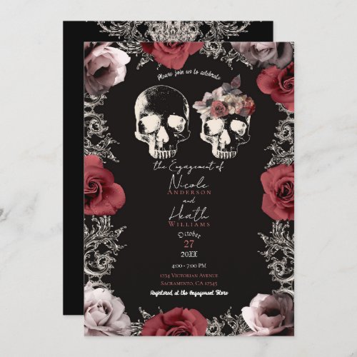 Skeleton Skull Mauve Dusty Rose Gothic Engagement  Invitation