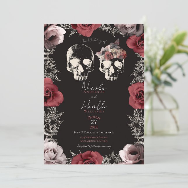 Skeleton Skull Mauve Dusty Rose Gothic Wedding  Invitation (Standing Front)