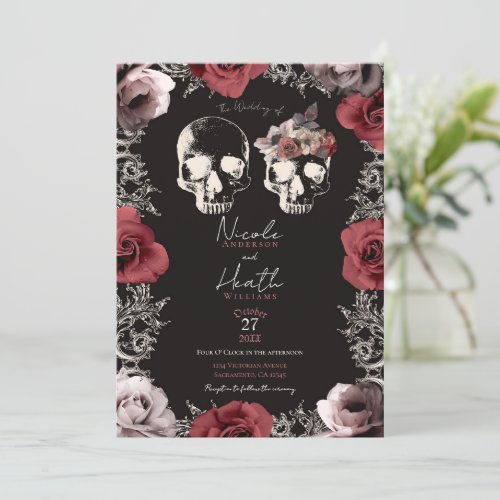 Skeleton Skull Mauve Dusty Rose Gothic Wedding  Invitation