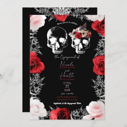 Skeleton Skull Red Pink Roses Gothic Engagement   Invitation