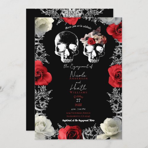 Skeleton Skull Red Roses Gothic Engagement Party   Invitation