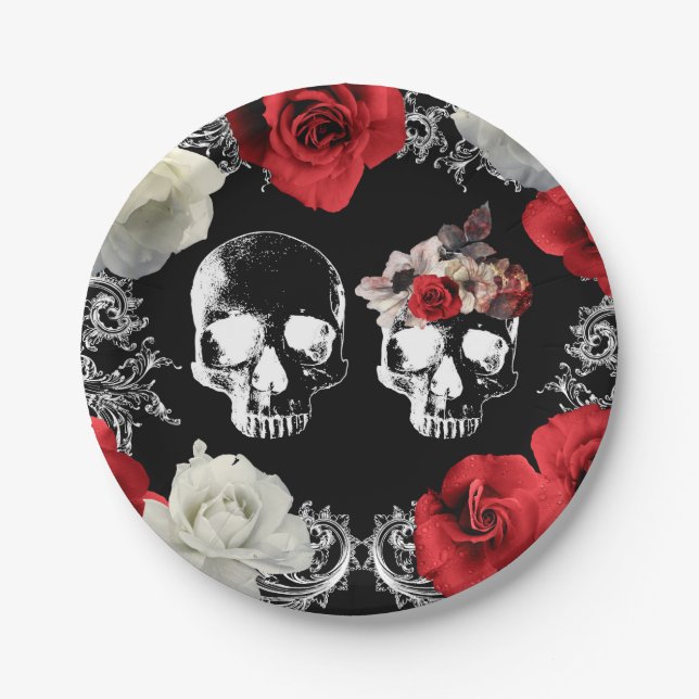 Skeleton Skull Red White Roses Gothic Wedding     Paper Plates (Front)