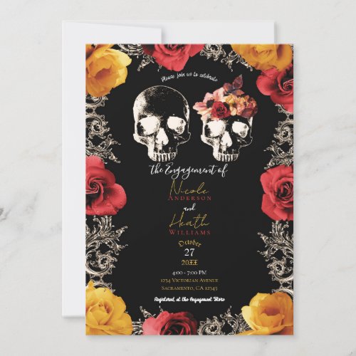 Skeleton Skull Red Yellow Fall Floral Engagement  Invitation