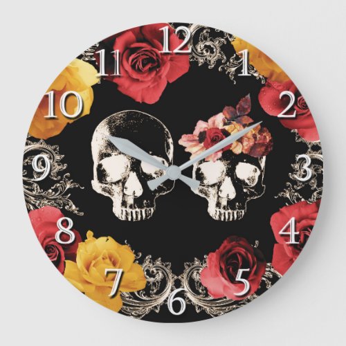 Skeleton Skull Red Yellow Fall Floral  Large Clock