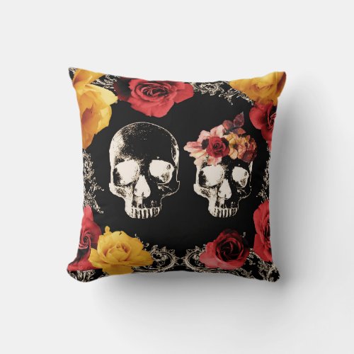 Skeleton Skull Red Yellow Fall Floral Throw Pillow