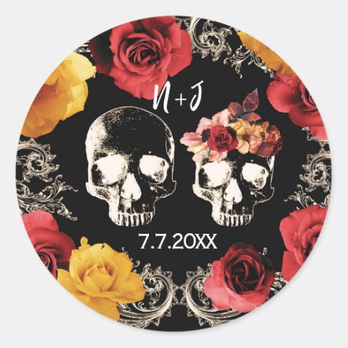 Skeleton Skull Red Yellow Fall Floral Wedding   Classic Round Sticker