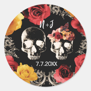 Skeleton Skull Red Yellow Fall Floral Wedding   Classic Round Sticker