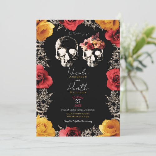 Skeleton Skull Red Yellow Fall Floral Wedding   Invitation