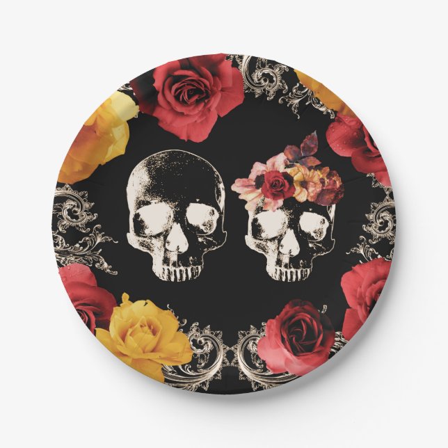 Skeleton Skull Red Yellow Fall Floral Wedding   Paper Plates (Front)