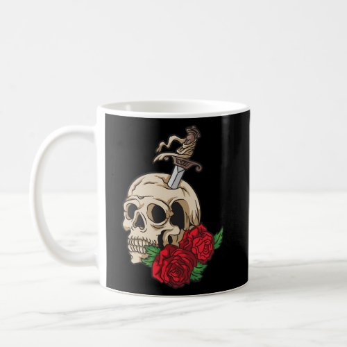Skeleton Skull Sword Red Rose Flower Tattoo Style Coffee Mug