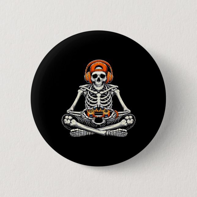 Skeleton Skull Video Game Gamer Men Boys Halloween Button (Front)