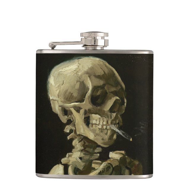 Skeleton Skull with Burning Cigarette by Van Gogh Flask (Front)