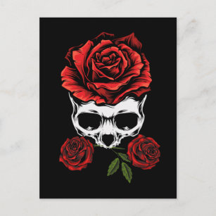 Skeleton Skull with Roses Romantic Floral Death Postcard