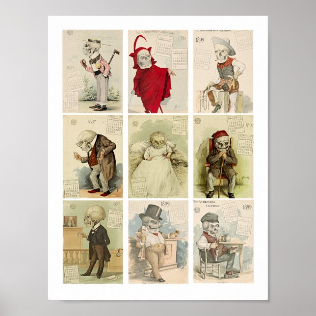 Skeleton Skulls vintage 1800s calendar Art Poster (Front)