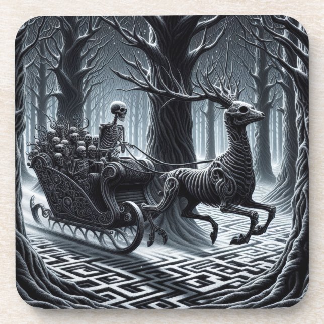 Skeleton Sleigh Christmas, Gothic Holiday Skeleton Beverage Coaster (Front)