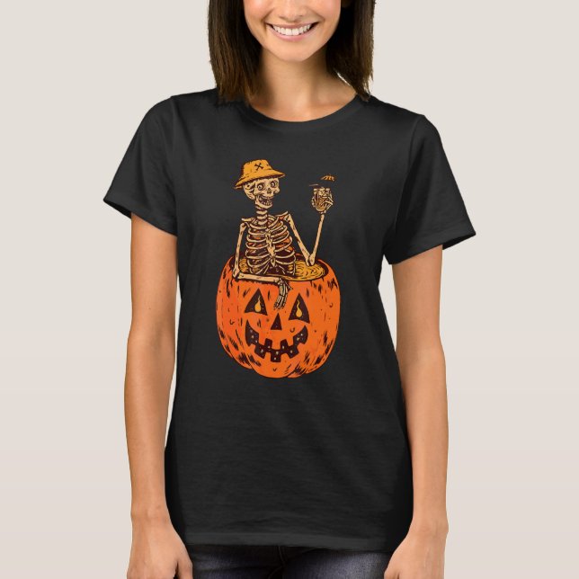 Skeleton Smiling Witch Pumpkin Halloween Drink T-Shirt (Front)