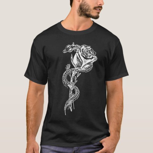Skeleton Snake and Rose Print T_Shirt