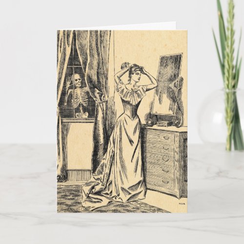 Skeleton Spying on Victorian Lady Vintage Goth Art Card