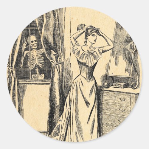 Skeleton Spying on Victorian Lady Vintage Goth Art Classic Round Sticker