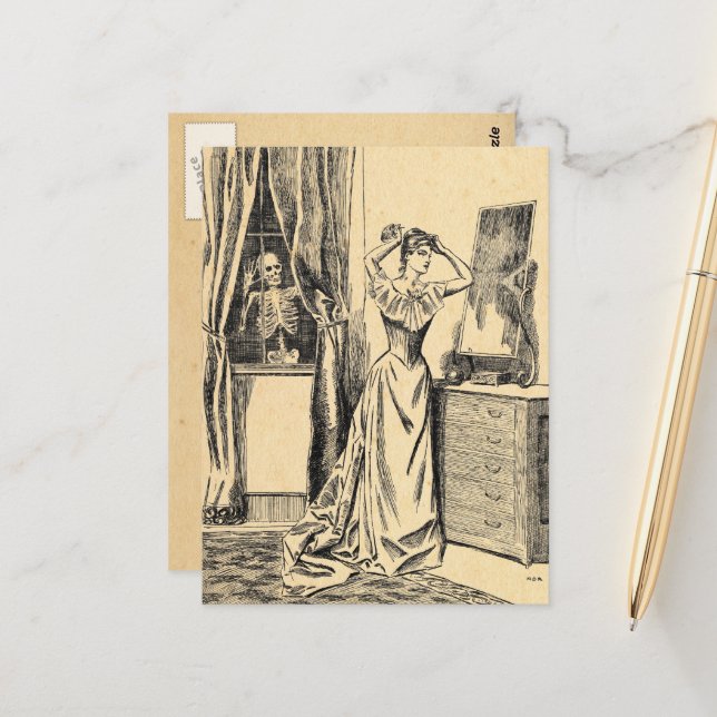 Skeleton Spying on Victorian Lady Vintage Goth Art Postcard | Zazzle