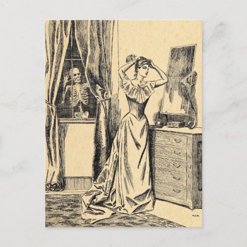 Skeleton Spying on Victorian Lady Vintage Goth Art Postcard
