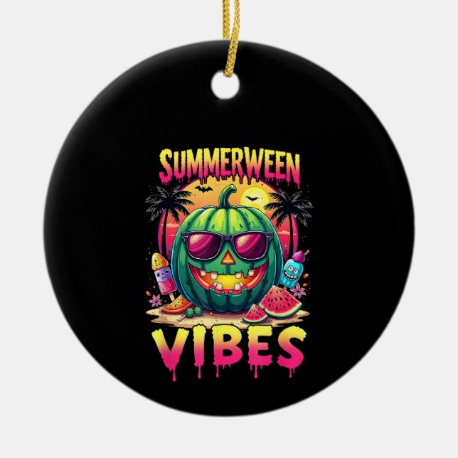 Skeleton Summer Summerween Vibes Watermelon Jack-O Ceramic Ornament (Front)