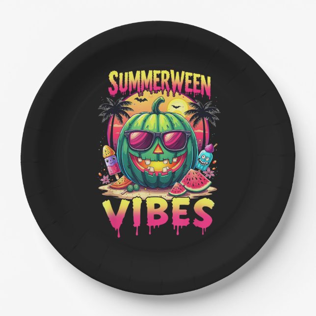 Skeleton Summer Summerween Vibes Watermelon Jack-O Paper Plates (Front)
