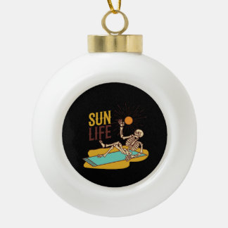 Skeleton Sunning on a Ceramic Ball Christmas Ornament