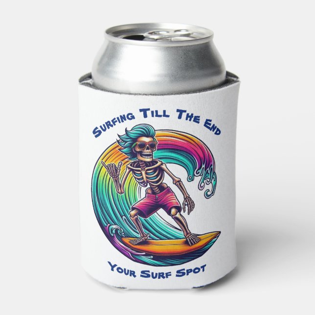 Skeleton Surfer Riding A Wave Can Cooler (Can Front)