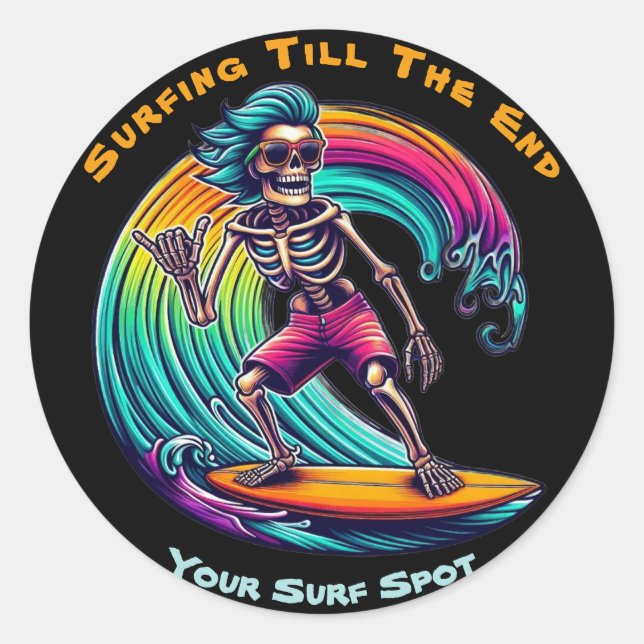 Skeleton Surfer Riding A Wave Classic Round Sticker (Front)