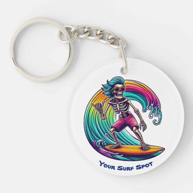 Skeleton Surfer Riding A Wave Keychain (Front)