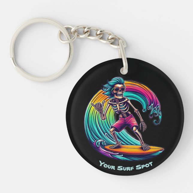 Skeleton Surfer Riding A Wave Keychain (Front)