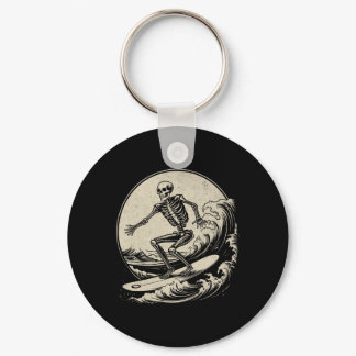 Skeleton Surfer Vintage Big Wave Surfing Funny Hal Keychain