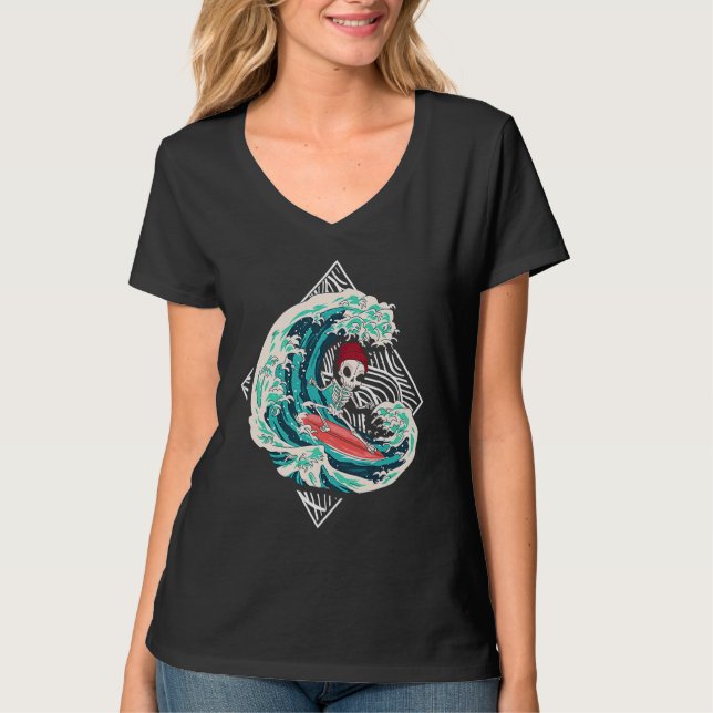 Skeleton Surfer Waves Ocean Surfboard Surfing T-Shirt (Front)