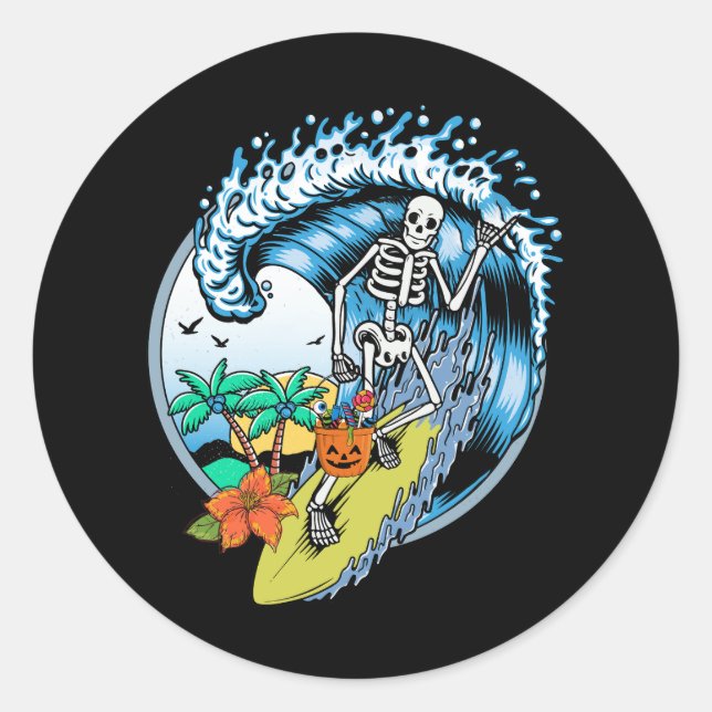 Skeleton Surfing Halloween Hawaii Hawaiian Surfer  Classic Round Sticker (Front)
