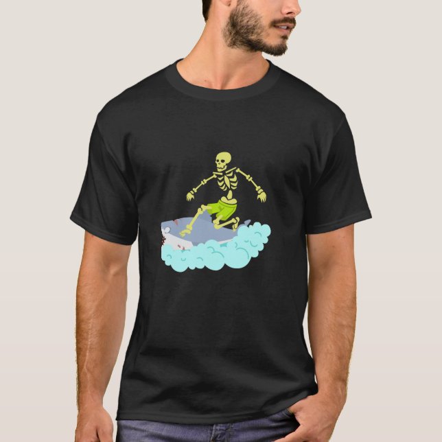Skeleton Surfing Halloween Tee Zombie Shark Funny  (Front)