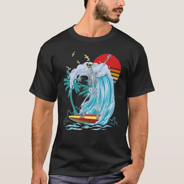 Skeleton Surfing Retro Surf Board   Surfing T-Shirt (Front)
