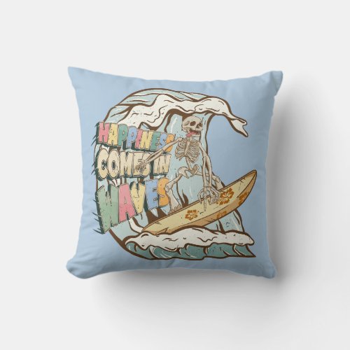 Skeleton Surfing the Waves Throw Pillow