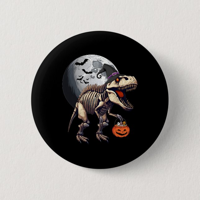 Skeleton T Rex Dinosaur Fun Halloween Pumpkin Boys Button (Front)
