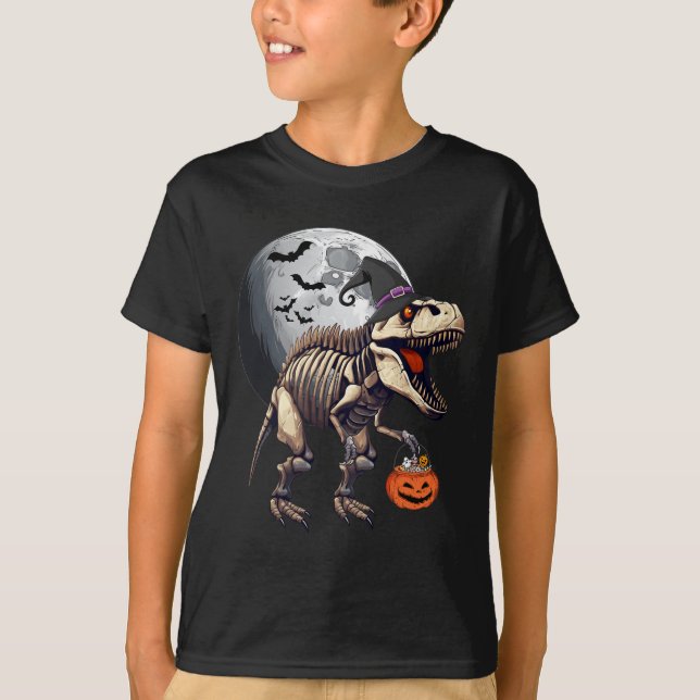 Skeleton T Rex Dinosaur Funny Halloween Pumpkin Bo T-Shirt (Front)